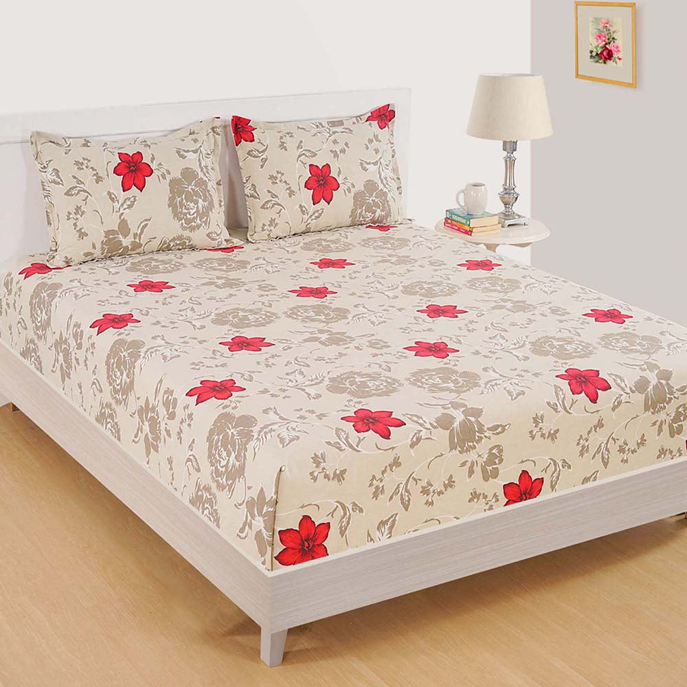 Beige Botanica Double Bedsheet + 2 Pillow Cover