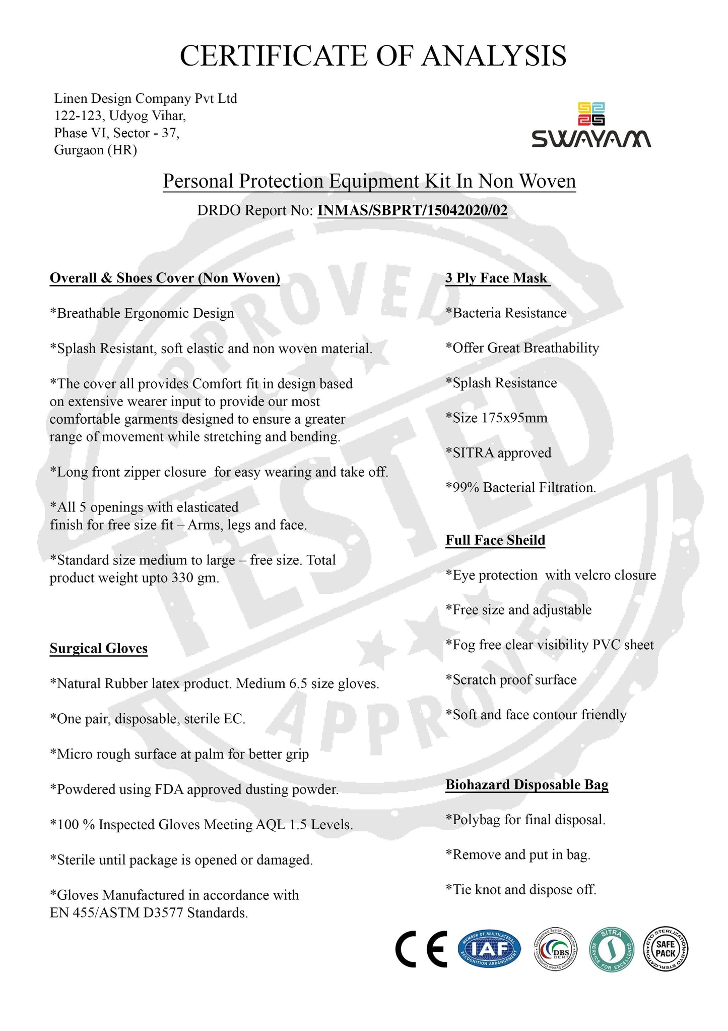 Personal Protective Equipment Kit in Non Woven, Premium Graded 90 GSM laminated