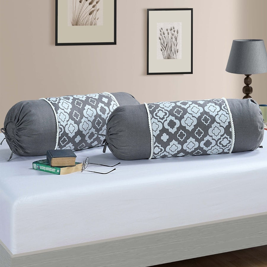 Gharana Bolster Cover Grey and White - 10503