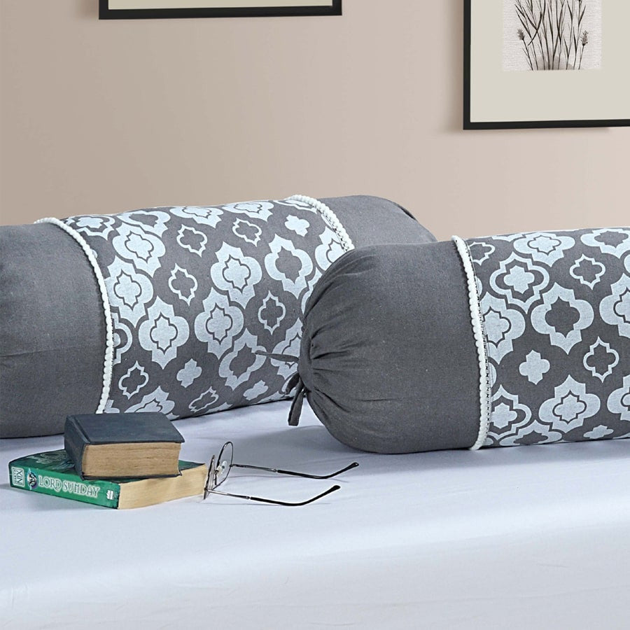 Gharana Bolster Cover Grey and White - 10503