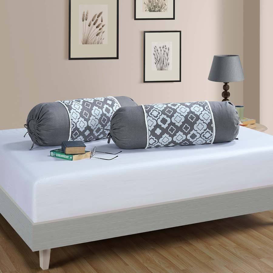 Gharana Bolster Cover Grey and White - 10503
