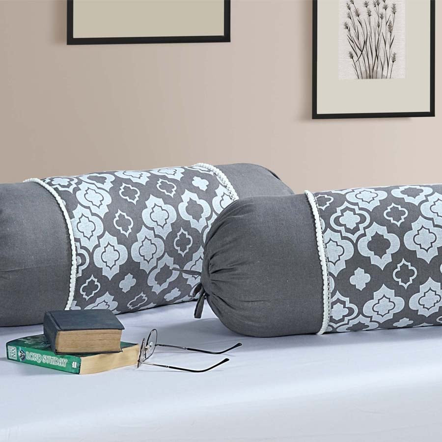 Gharana Bolster Cover Grey and White - 10503