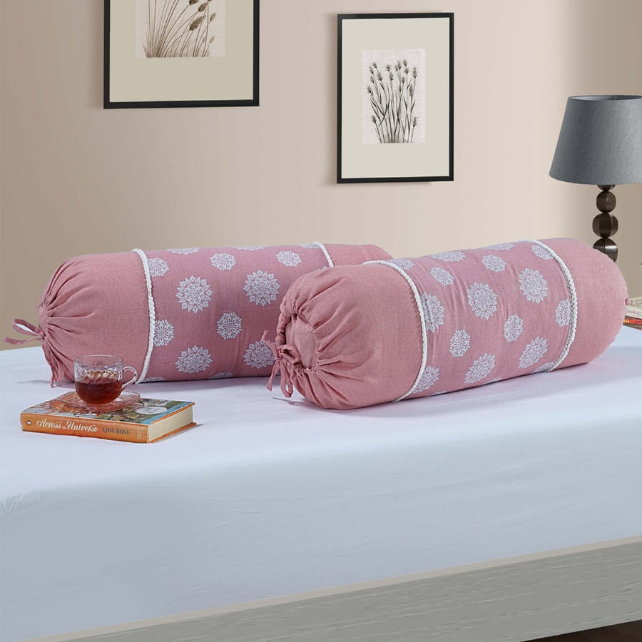 Gharana Bolster Cover Peach and White - 10504