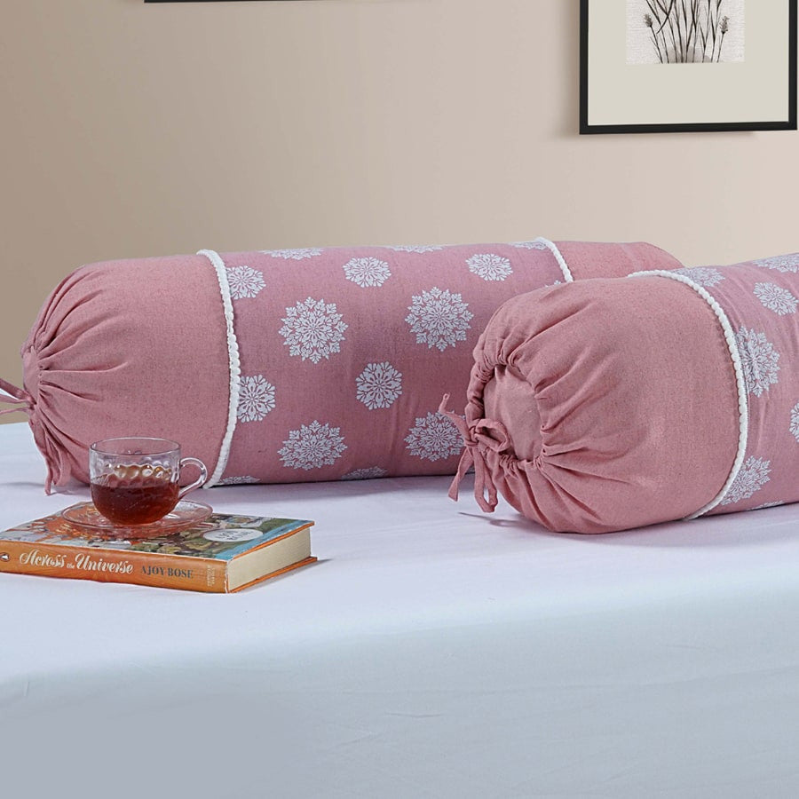 Gharana Bolster Cover Peach and White - 10504