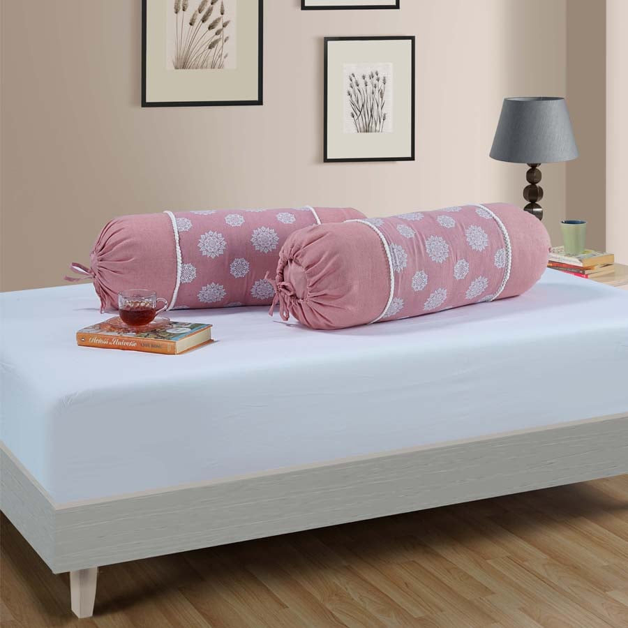 Gharana Bolster Cover Peach and White - 10504