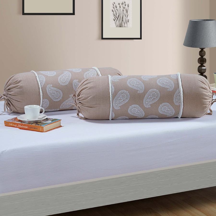 Gharana Bolster Cover Beige and White -10505