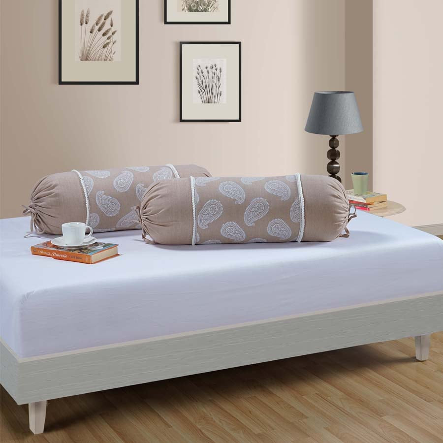 Gharana Bolster Cover Beige and White -10505