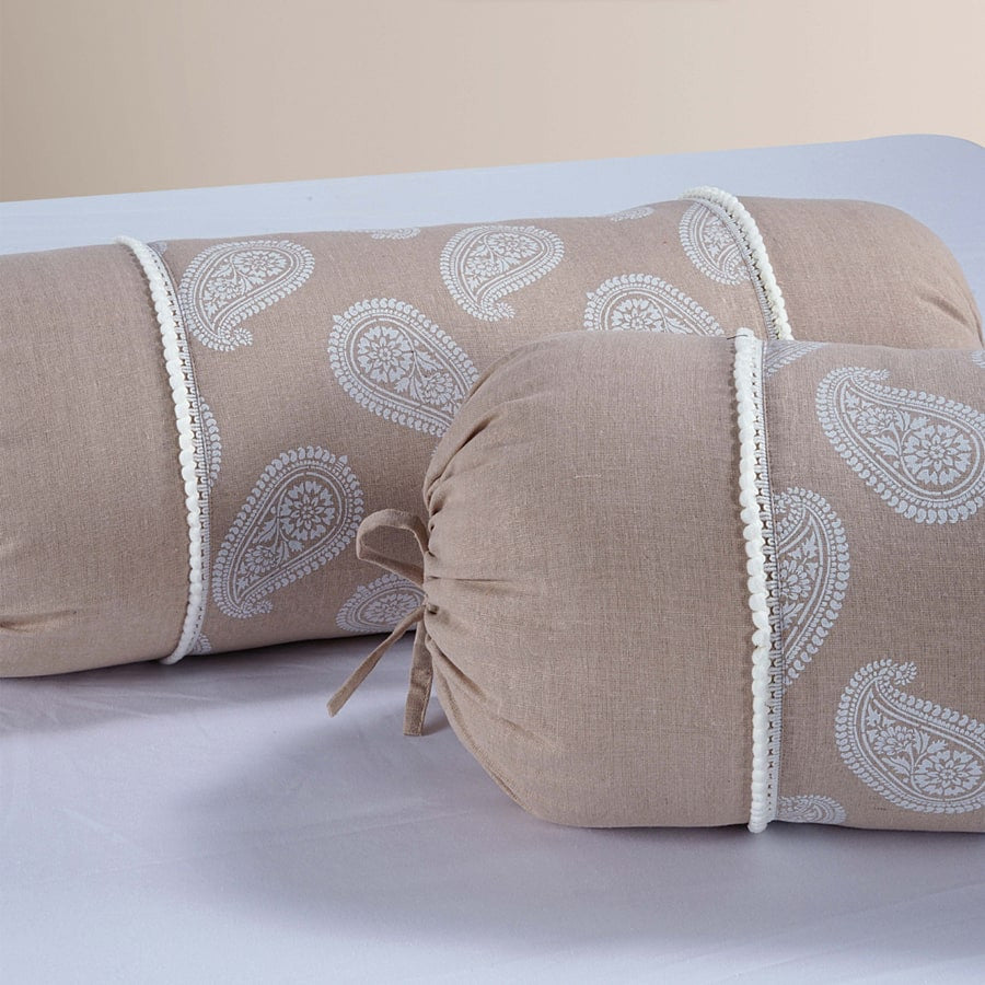 Gharana Bolster Cover Beige and White -10505