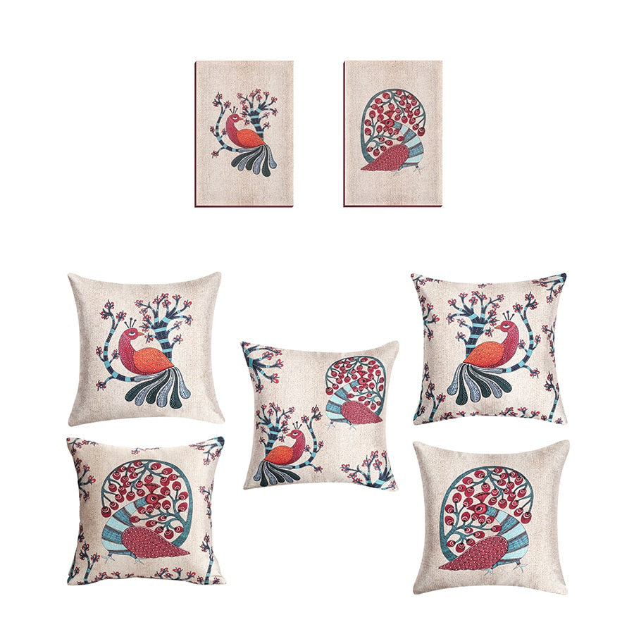 Swayam Multicolor Gond Art Peacock Ethnic Wallart Décor set-Set of 7 pcs