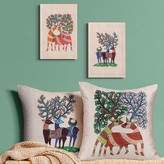 Swayam Multicolor Gond Art Deer Ethnic Wallart Décor set-Set of 4 pcs