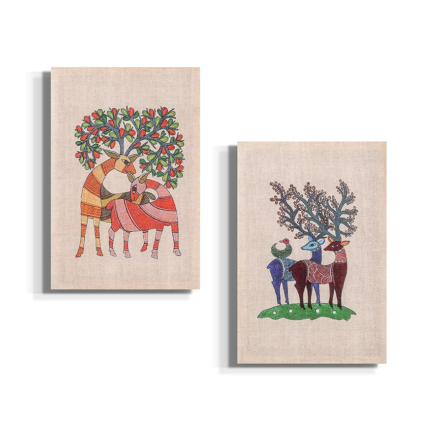 Swayam Multicolor Gond Art Deer Ethnic Wallart Décor set-Set of 7 pcs