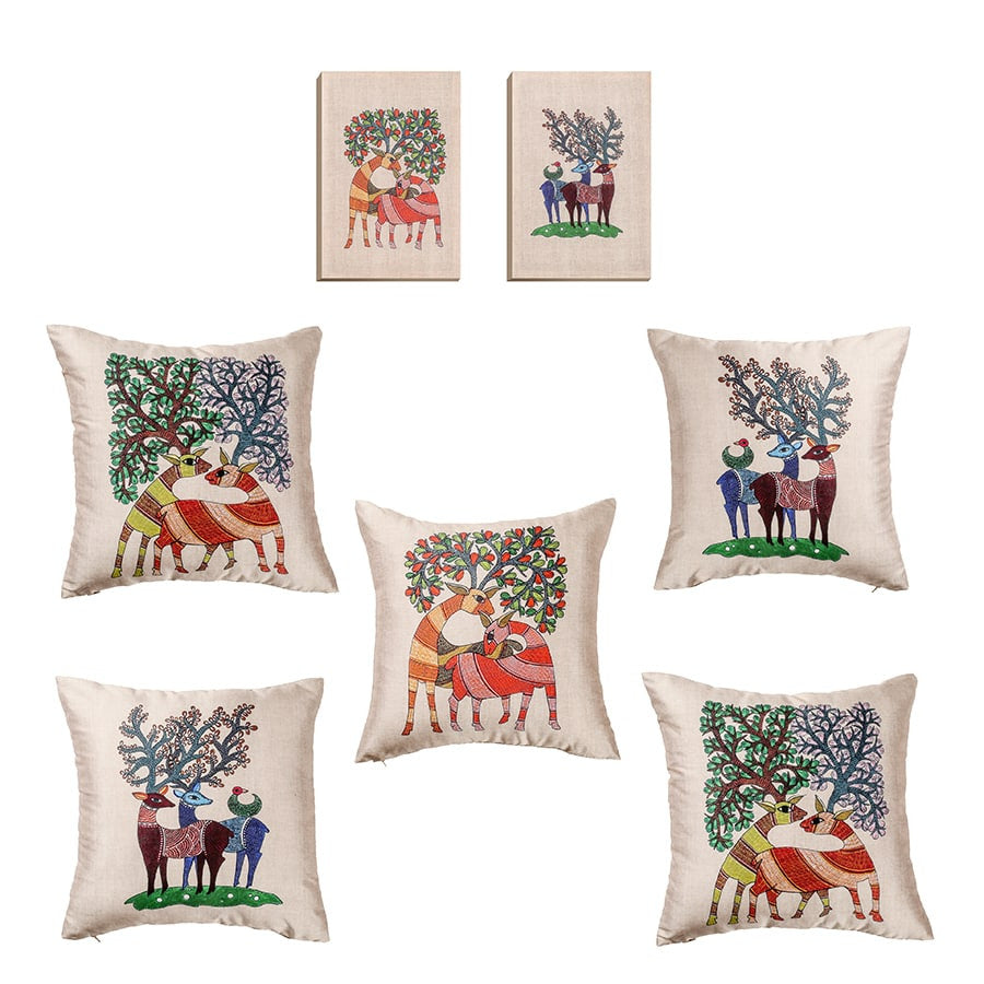 Swayam Multicolor Gond Art Deer Ethnic Wallart Décor set-Set of 7 pcs