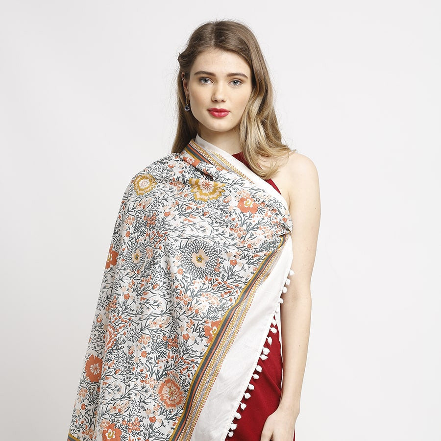 Swayam Multicolor Ethnic Foliage Love Hand Printed Voile Scarf