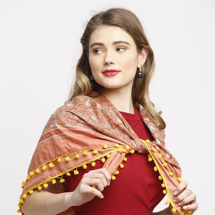 Swayam Multicolor Ethnic Saffron Story Hand Printed Voile Scarf