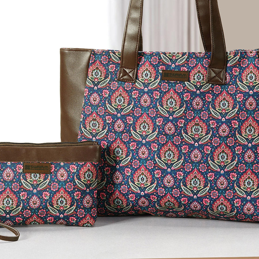 COMBO-ROYAL ETHNIC DESIGN TOTE BAG WITH COORDINATED POUCH